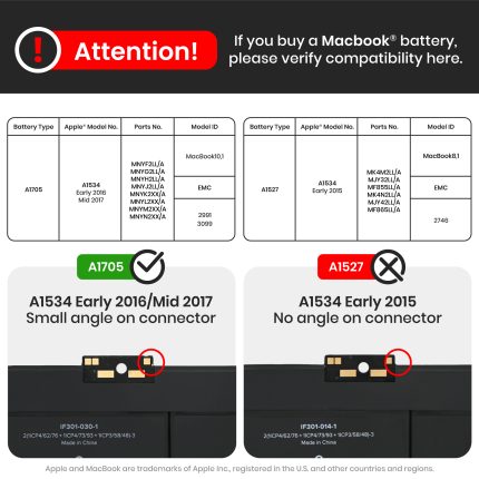 Battery (A1705) Compatible For MacBook Retina 12" (A1534 Early 2016 / Mid 2017)